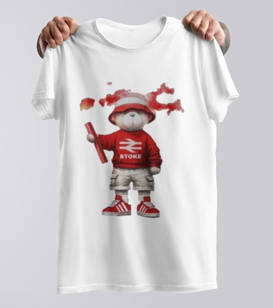 Stoke Awaydays Bear With Flare Football Casuals Railway Logo Bucket Hat Red Sneakers T-Shirt