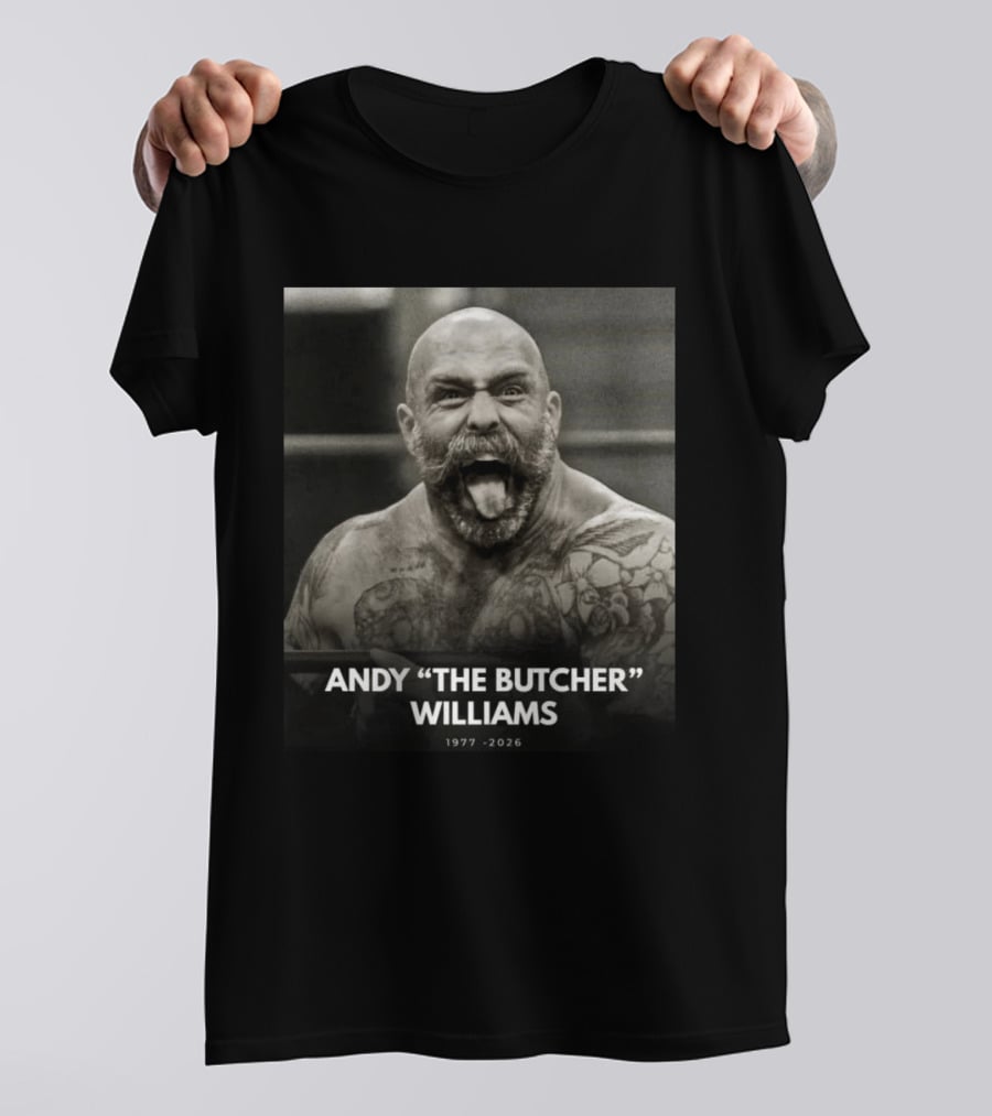 Andy The Butcher Williams 1977 2026 Tattooed Beard Black And White Image T-Shirt
