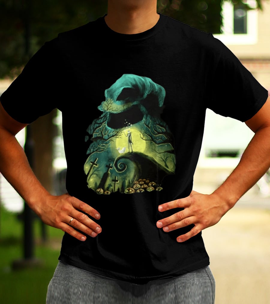 The Nightmare Before Christmas Jack Skellington Zero Oogie Boogie Moonlit Scene T-Shirt