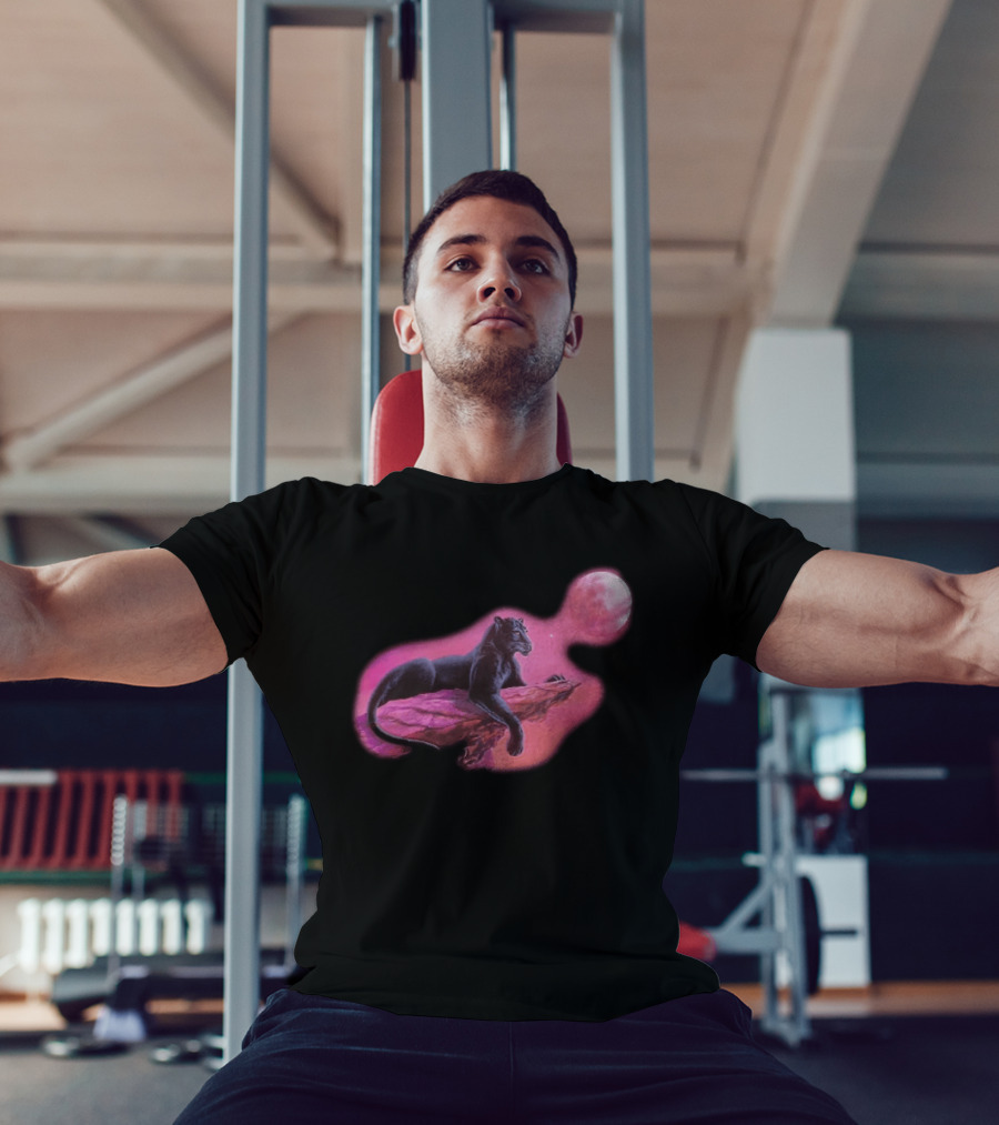 Black Panther On Rock With Pink Moonlit Night Sky T-Shirt