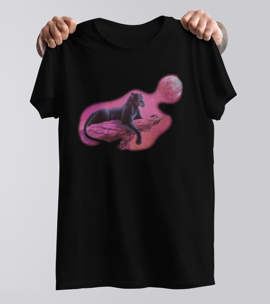 Black Panther On Rock With Pink Moonlit Night Sky T-Shirt