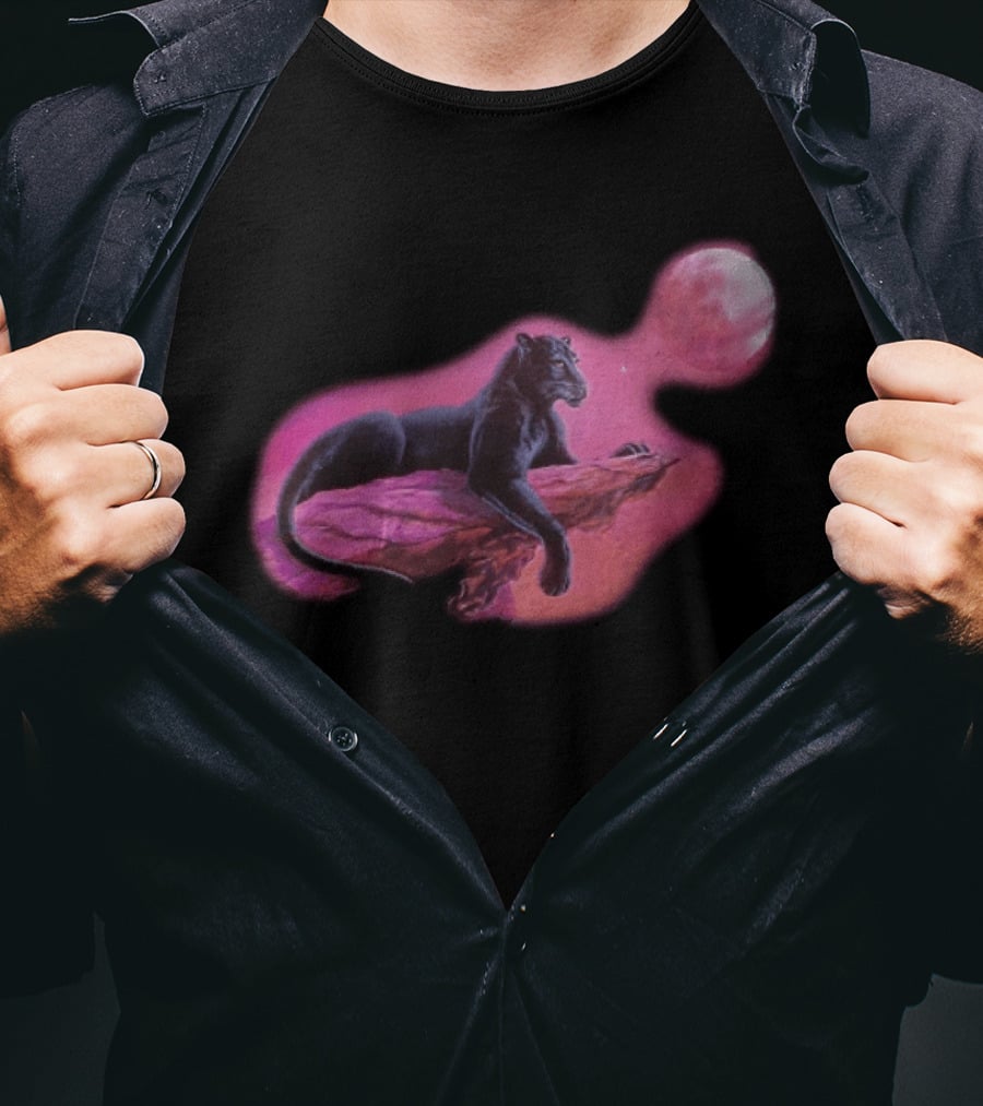 Black Panther On Rock With Pink Moonlit Night Sky T-Shirt