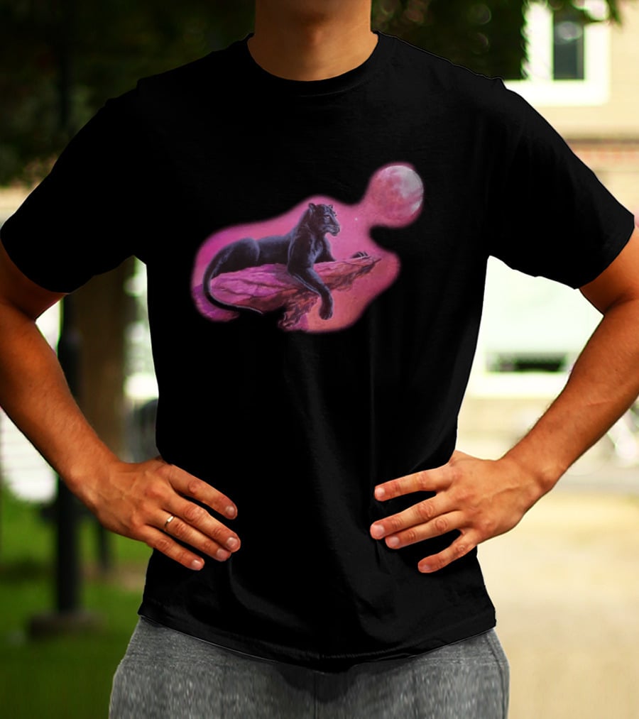 Black Panther On Rock With Pink Moonlit Night Sky T-Shirt