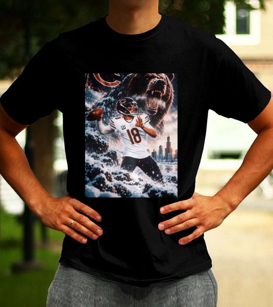 Caleb Williams Chicago Bears Snowy Football Bear Quarterback Number 18 City Skyline T-Shirt