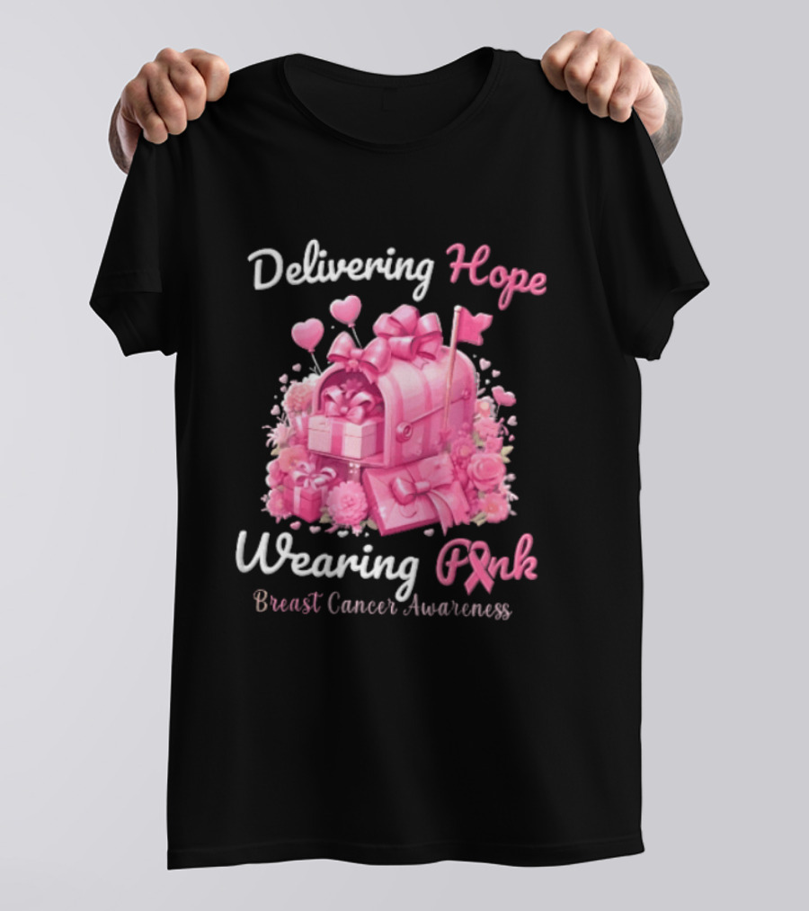 Delivering Hope Wearing Pink Breast Cancer Awareness Mailbox Wrapped Presents Heart Balloons Flowers T-Shirt