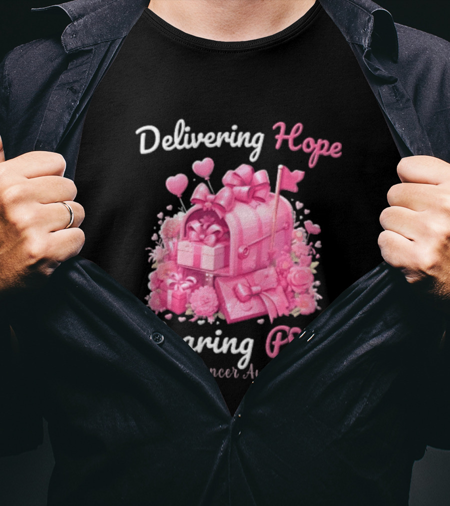 Delivering Hope Wearing Pink Breast Cancer Awareness Mailbox Wrapped Presents Heart Balloons Flowers T-Shirt