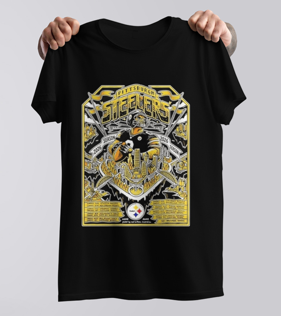Pittsburgh Steelers 2026 Season Schedule Featuring Iconic Cityscape And Player T-Shirt