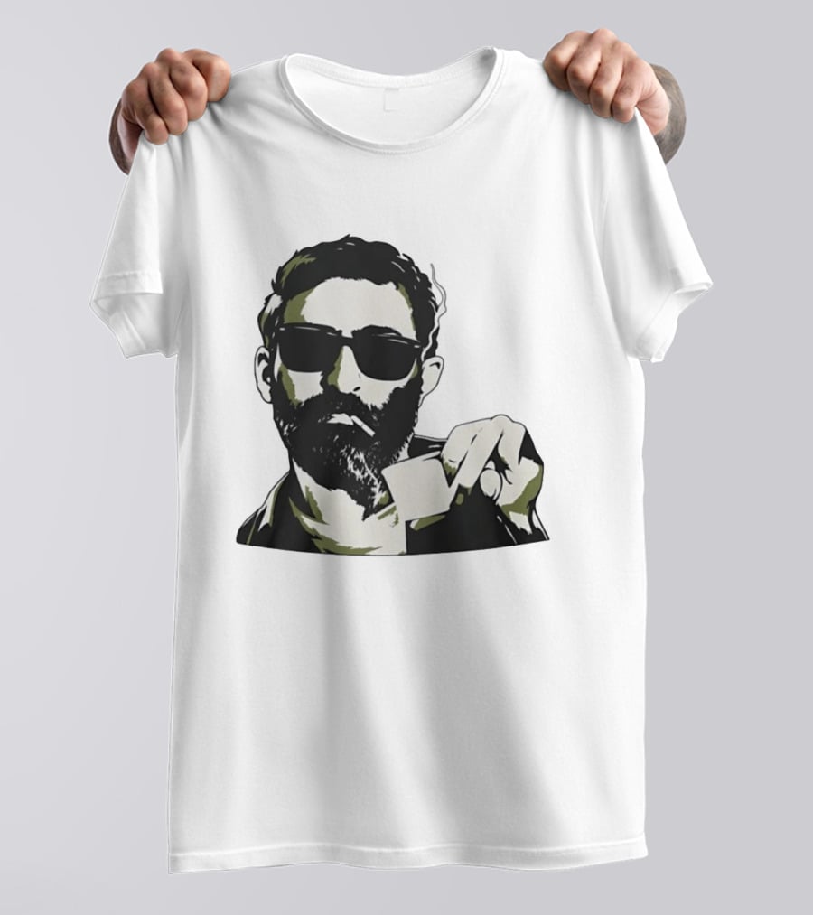Bearded Man With Sunglasses Smoking Cigarette Holding Blank Card T-Shirt