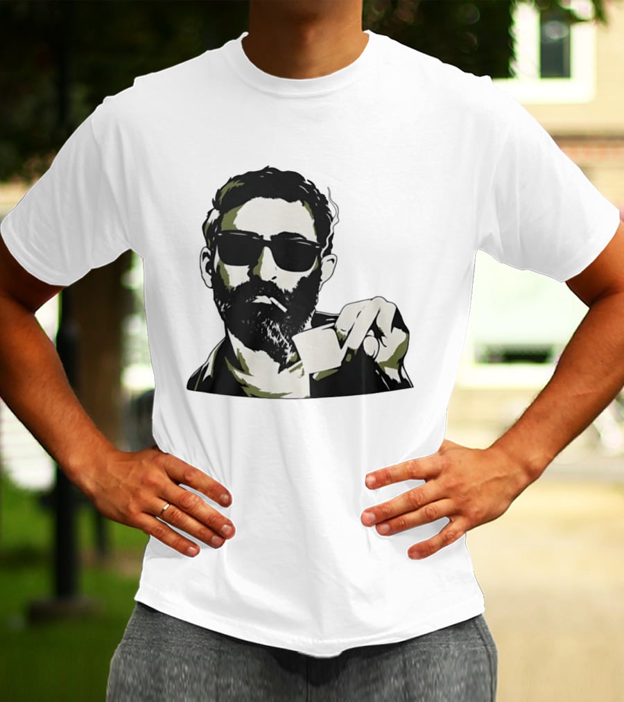 Bearded Man With Sunglasses Smoking Cigarette Holding Blank Card T-Shirt
