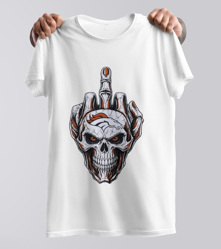 Distressed Denver Broncos Skull With Middle Finger Skeleton Hand T-Shirt