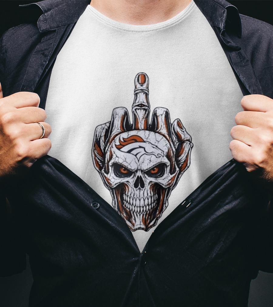 Distressed Denver Broncos Skull With Middle Finger Skeleton Hand T-Shirt
