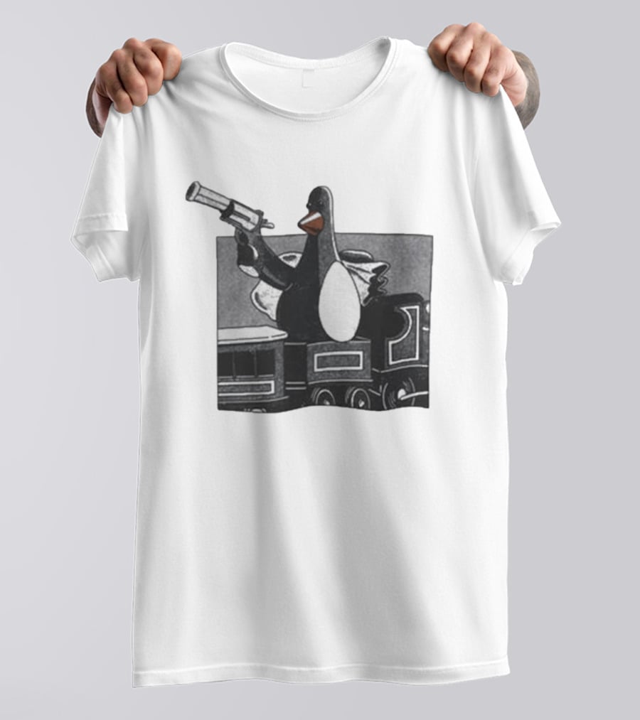 Evil Penguin With Gun On Train Vengeance Most Fowl McGraw T-Shirt