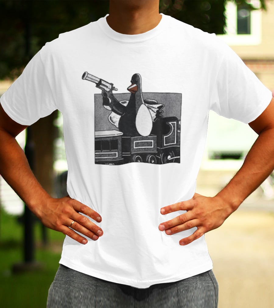 Evil Penguin With Gun On Train Vengeance Most Fowl McGraw T-Shirt