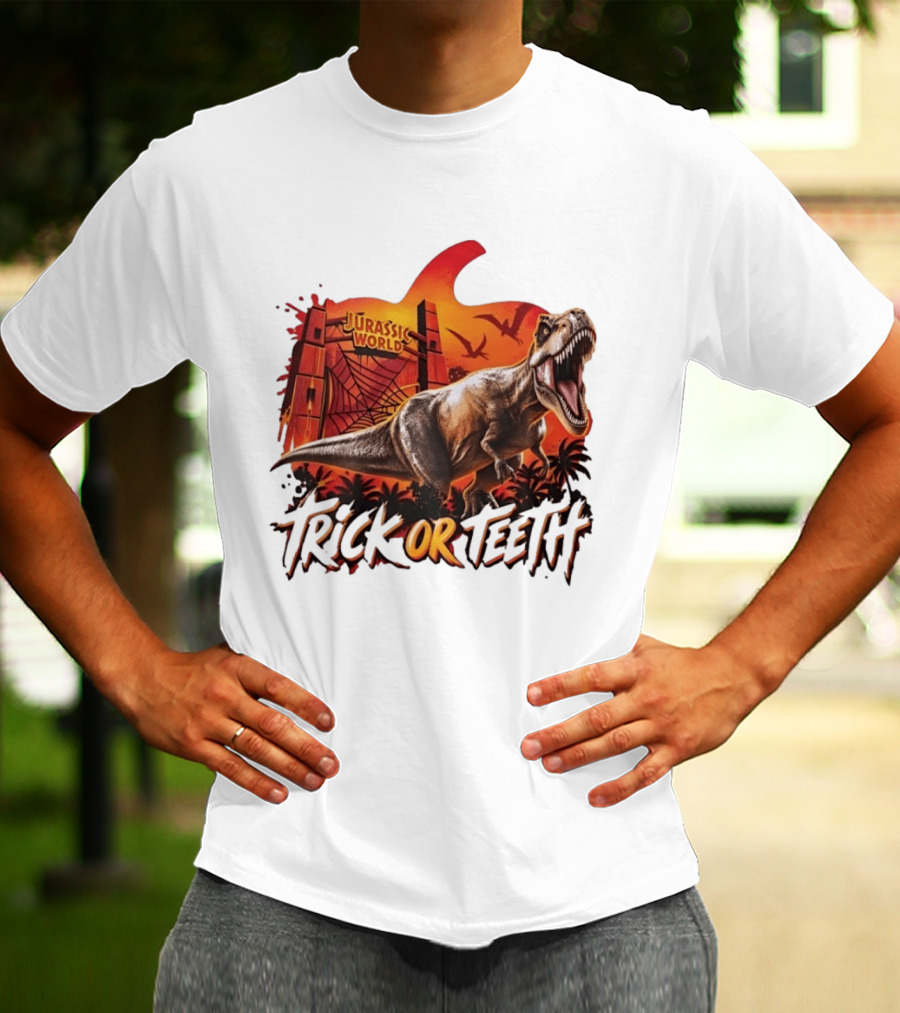Jurassic World Trick Or Teeth Dinosaur Halloween Pumpkin Gate Rex T-Shirt