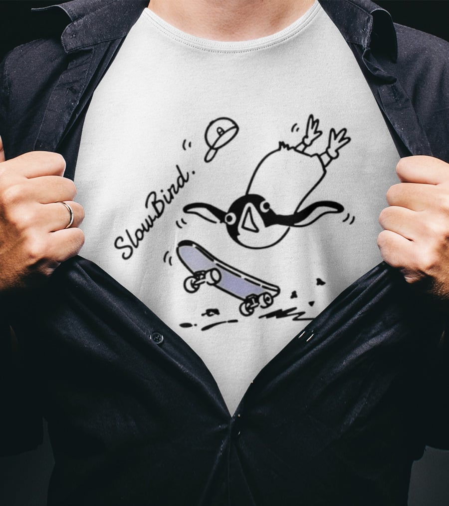 SlowBird Penguin Skateboarder With Blue Skateboard T-Shirt