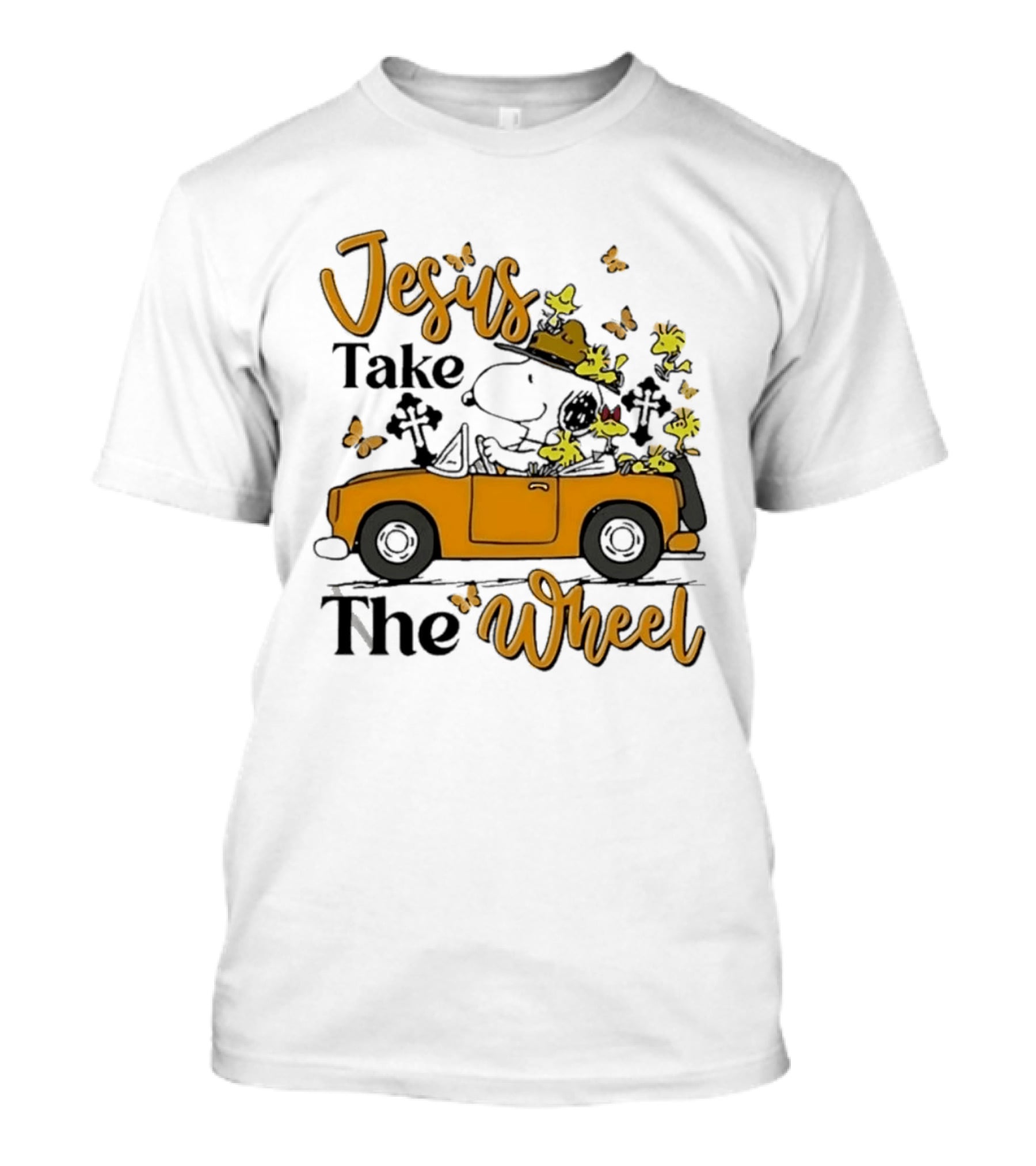 Snoopy Jesus Take The Wheel Butterflies Woodstock Driving Scene T-Shirt