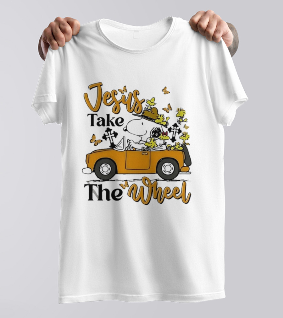 Snoopy Jesus Take The Wheel Butterflies Woodstock Driving Scene T-Shirt