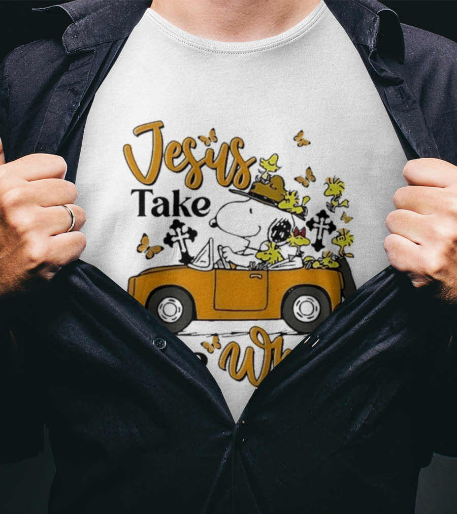 Snoopy Jesus Take The Wheel Butterflies Woodstock Driving Scene T-Shirt