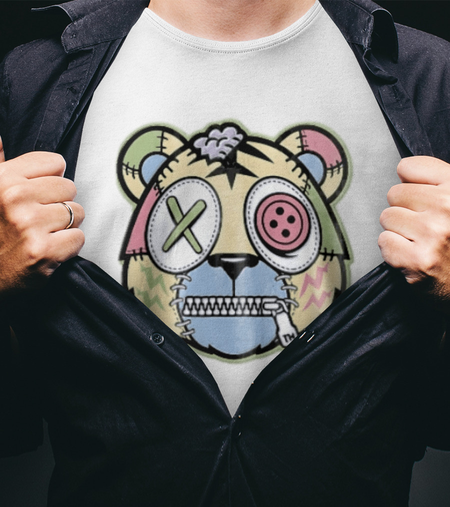 Tm Cartoon Patchwork Zombie Bear Button Eye Zipper Mouth T-Shirt