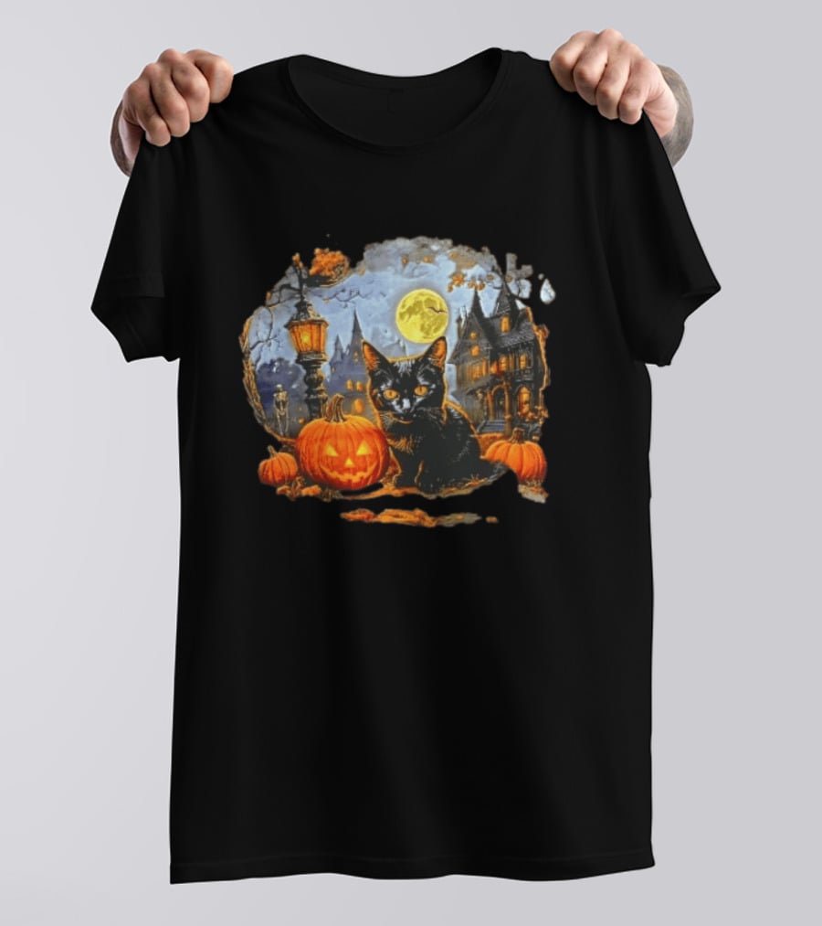 Black Cat Halloween Glowing Jack O' Lantern Haunted Mansion Full Moon Scene T-Shirt
