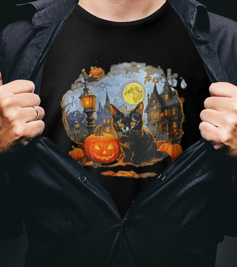 Black Cat Halloween Glowing Jack O' Lantern Haunted Mansion Full Moon Scene T-Shirt