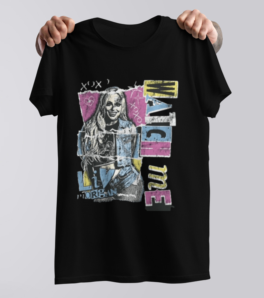 Me Xoxo Liv Morgan Denim Vest Distressed Halftone Torn Paper Collage T-Shirt