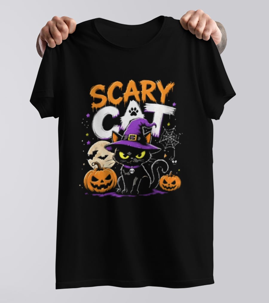 Scary Cat Black Kitten Witch Hat Full Moon Jack O Lanterns Halloween Cartoon T-Shirt