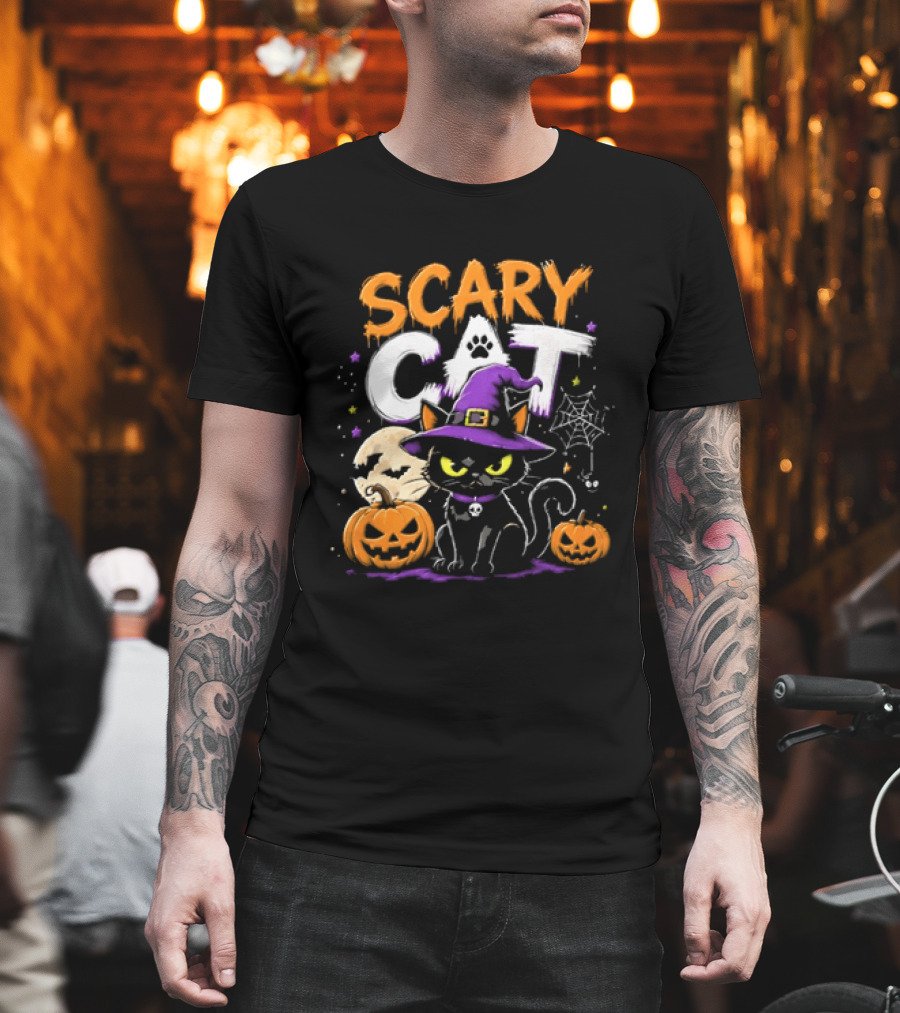 Scary Cat Black Kitten Witch Hat Full Moon Jack O Lanterns Halloween Cartoon T-Shirt
