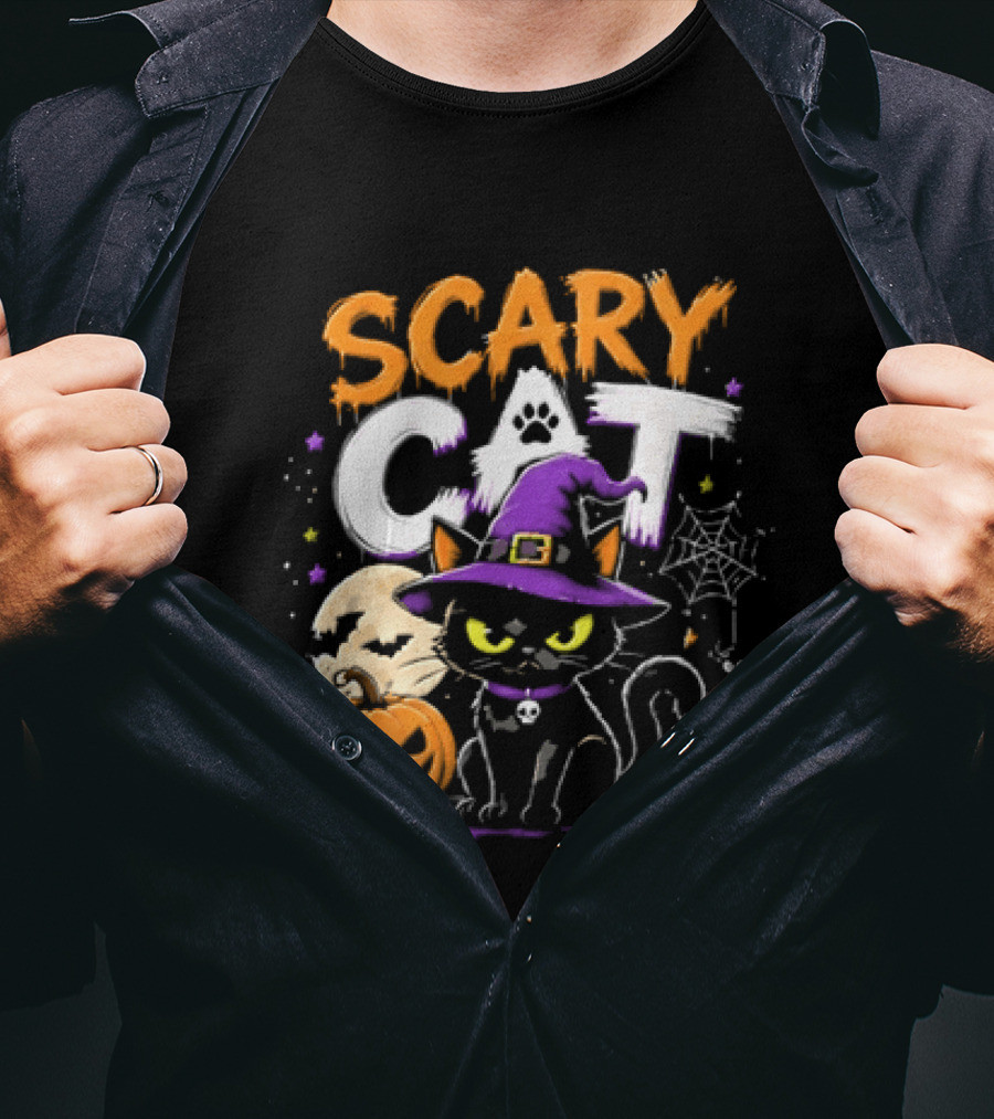 Scary Cat Black Kitten Witch Hat Full Moon Jack O Lanterns Halloween Cartoon T-Shirt
