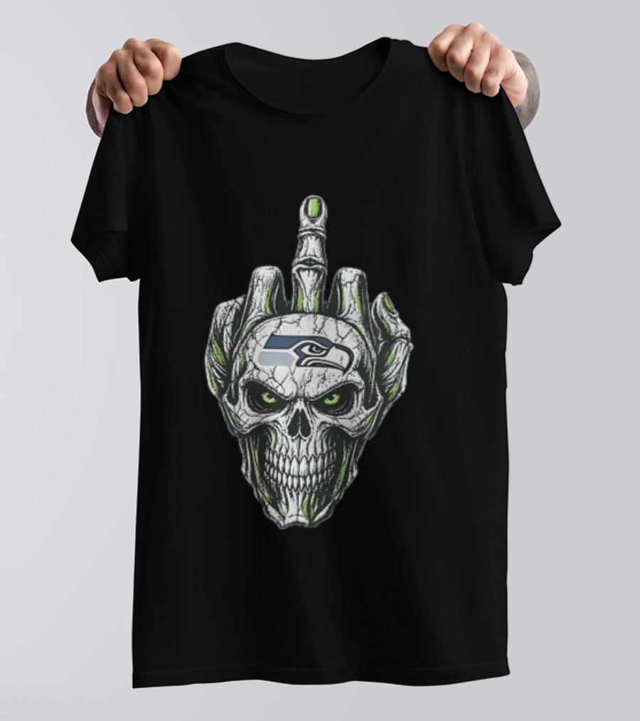 Seattle Seahawks Skull Skeleton Middle Finger Gesture Fan T-Shirt