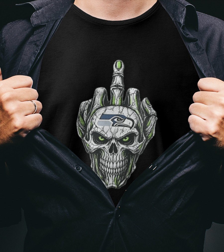 Seattle Seahawks Skull Skeleton Middle Finger Gesture Fan T-Shirt