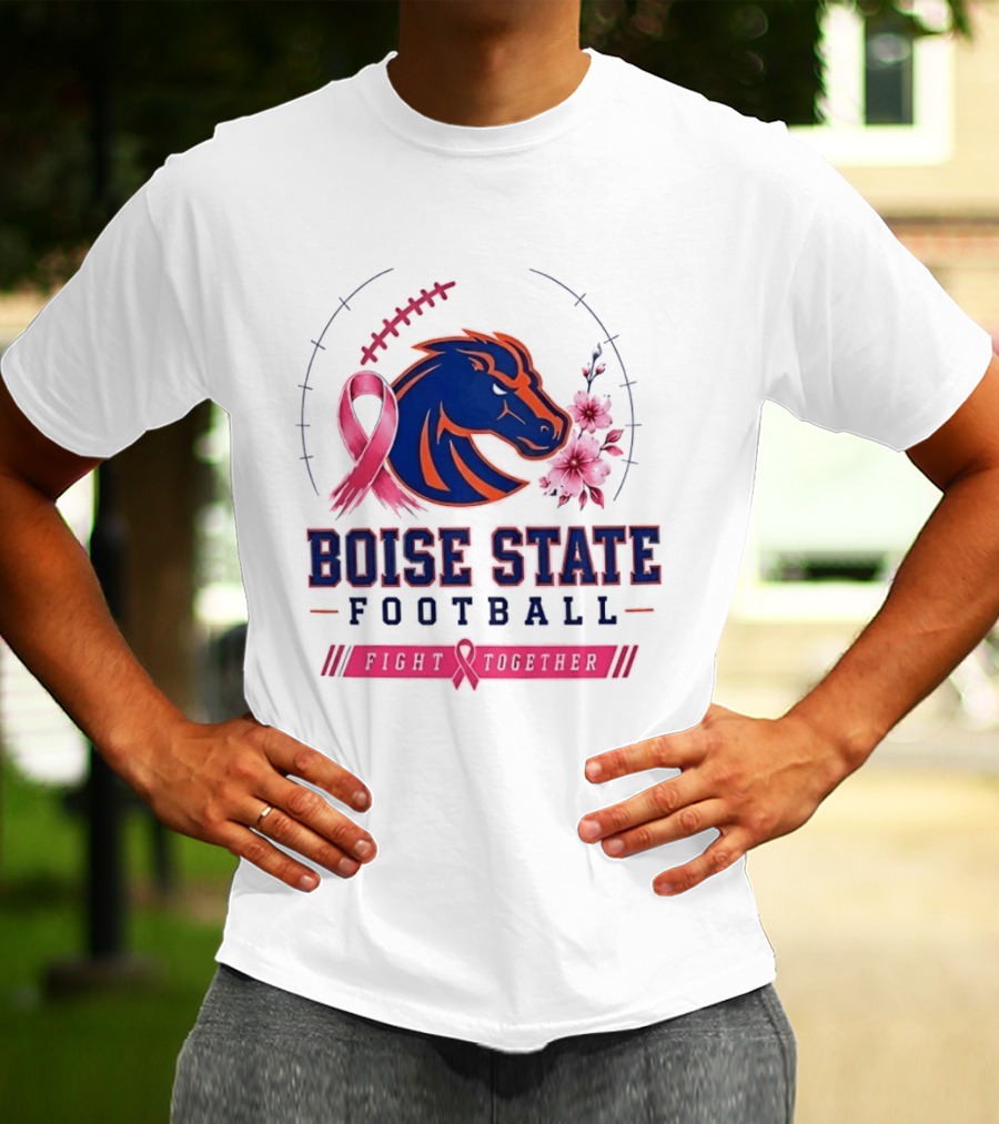 Boise State Broncos Football Fight Together Breast Cancer Awareness Pink Ribbon Flowers T-Shirt