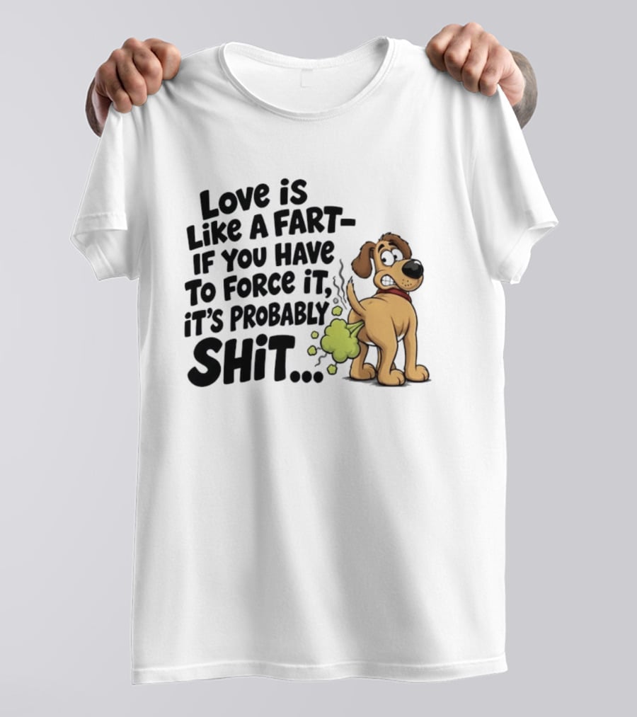Love Is Like A Fart If You Have To Force It It's Probably Shit Dog Farting Humor T-Shirt