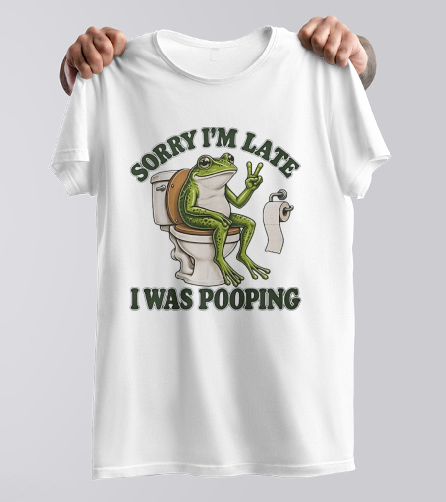 Sorry I'm Late I Was Pooping Frog On Toilet Peace Gesture T-Shirt