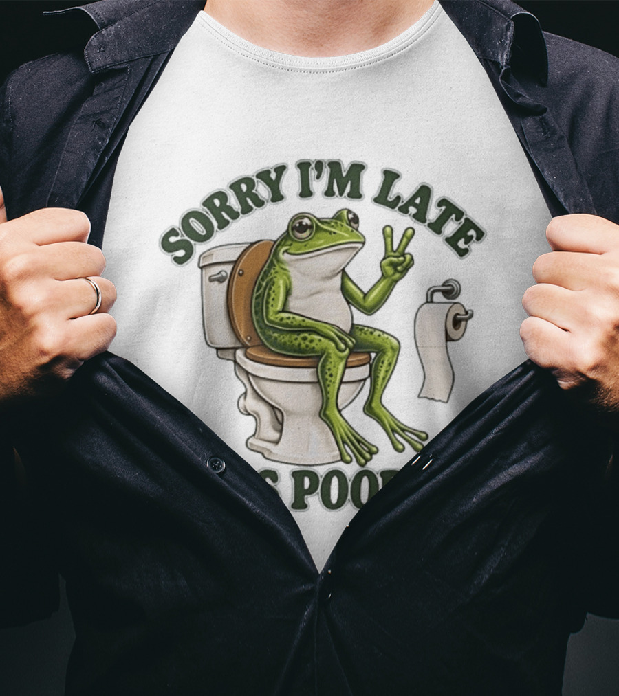 Sorry I'm Late I Was Pooping Frog On Toilet Peace Gesture T-Shirt