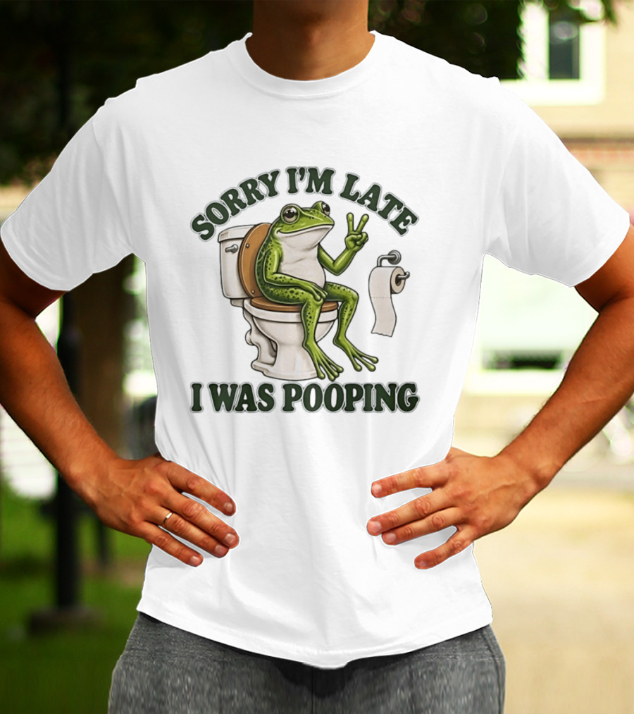 Sorry I'm Late I Was Pooping Frog On Toilet Peace Gesture T-Shirt