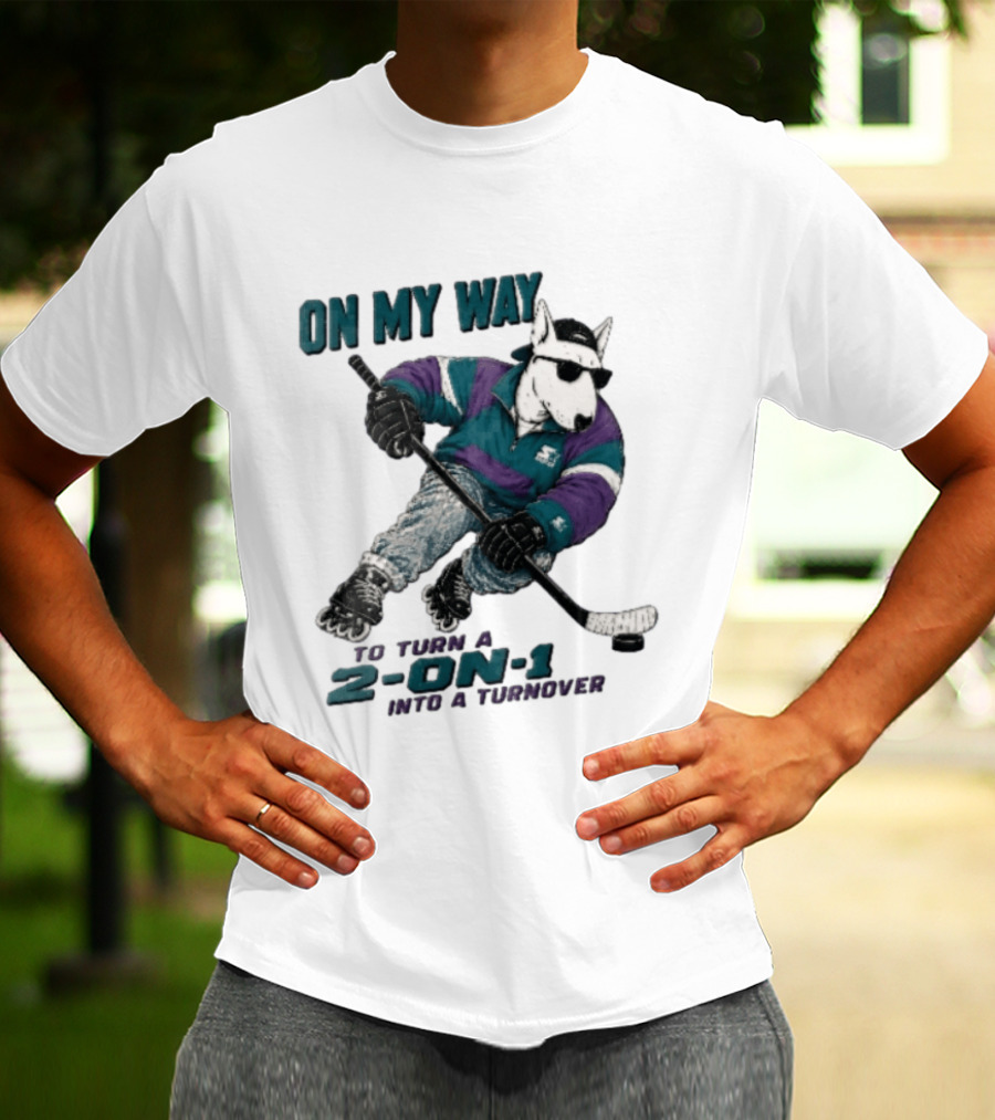 On My Way To Turn A 2 On 1 Into A Turnover Cartoon Bull Terrier Rollerblading Hockey Puck T-Shirt