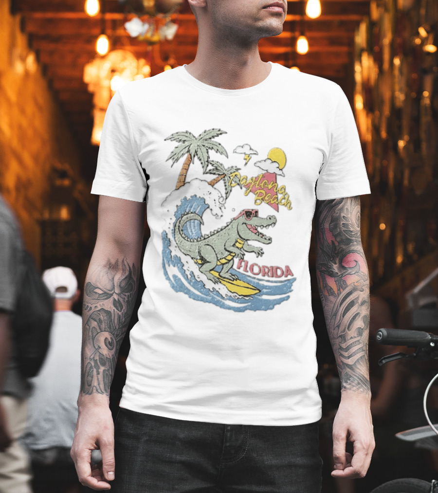 Daytona Beach Florida Surfing Alligator With Palm Trees And Sunglasses T-Shirt