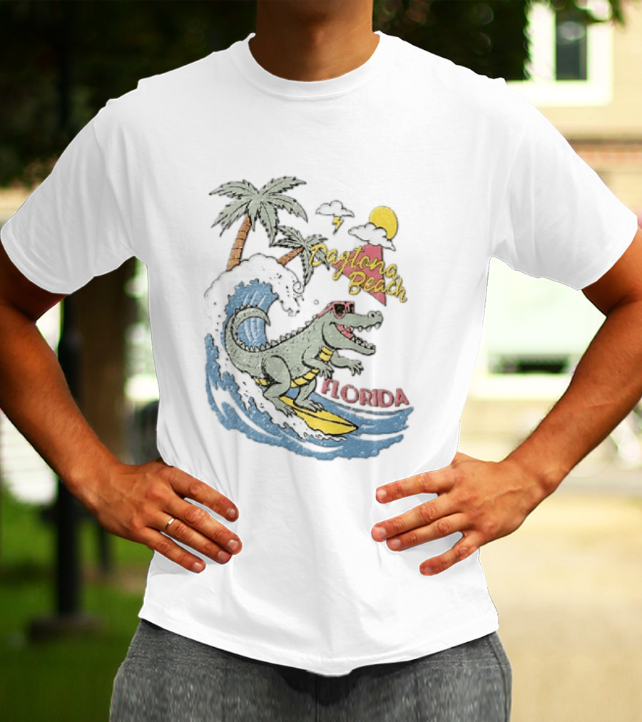 Daytona Beach Florida Surfing Alligator With Palm Trees And Sunglasses T-Shirt