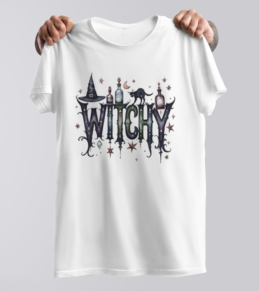 Witchy Halloween Magic With Potion Bottles Cat And Stars T-Shirt