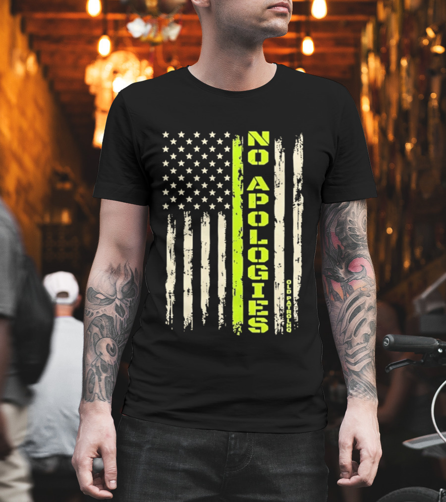 No Apologies Old PatrolHQ Distressed American Flag Vertical Stripes Stars T-Shirt