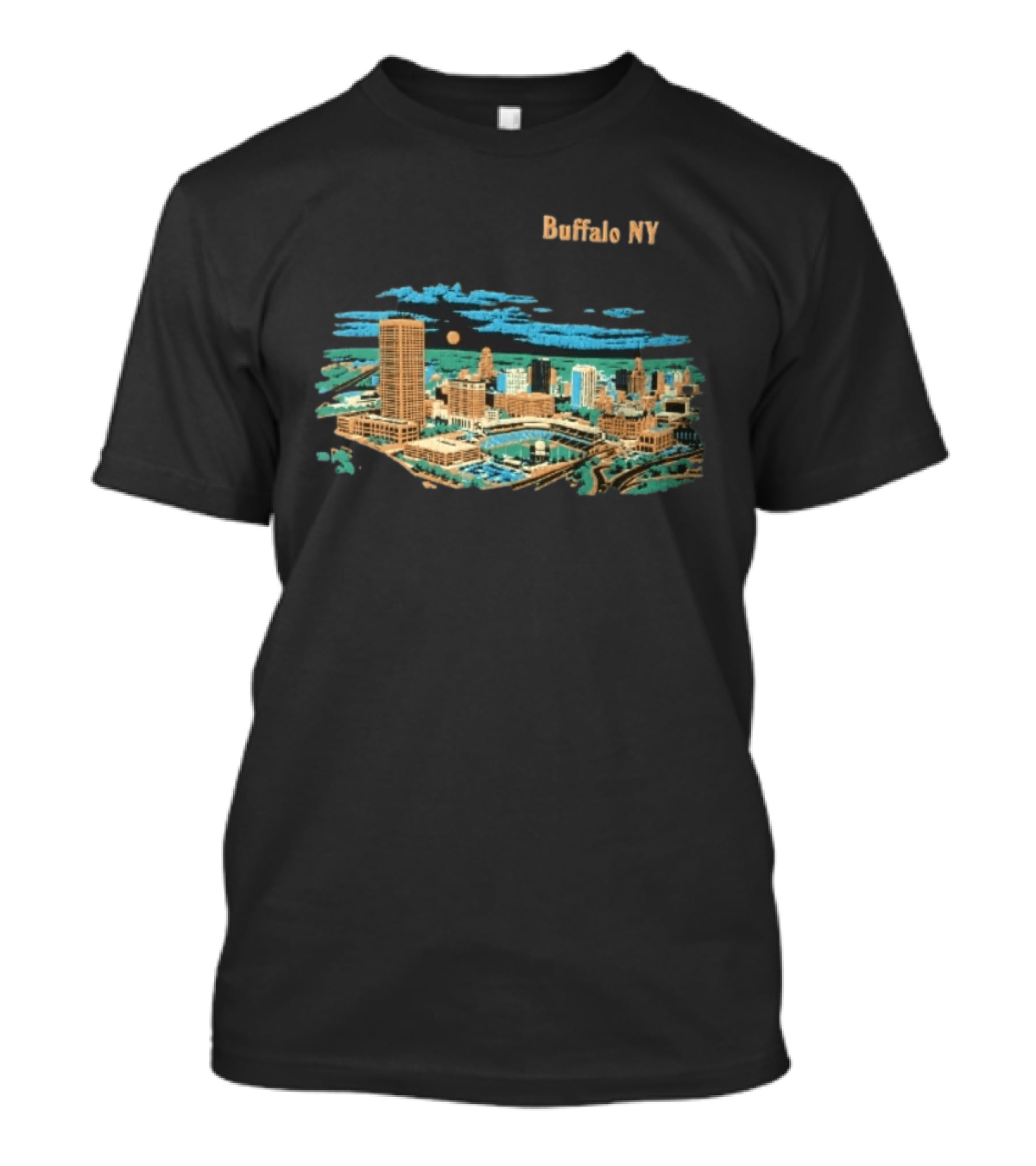 Buffalo NY Skyline Cityscape Illustration With Moonlit Clouds T-Shirt