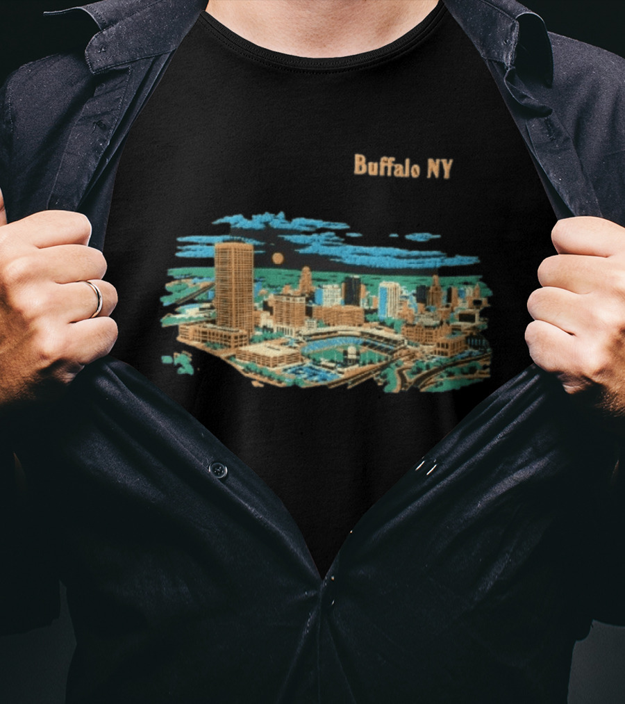 Buffalo NY Skyline Cityscape Illustration With Moonlit Clouds T-Shirt