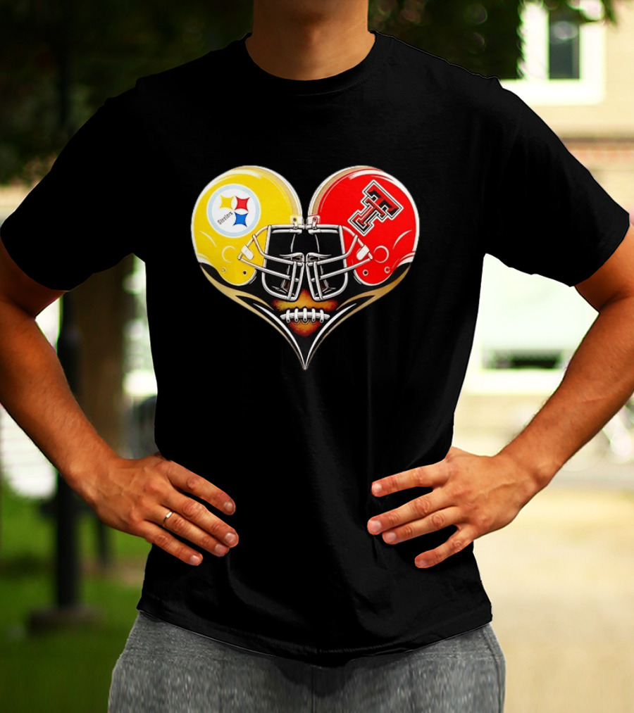 Pittsburgh Steelers Texas Tech Red Raiders Football Helmets Heart T-Shirt