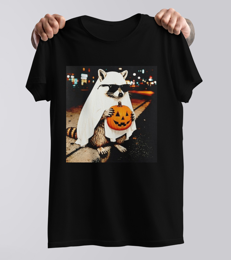 Raccoon Ghost Sunglasses Pumpkin Halloween Street Scene T-Shirt