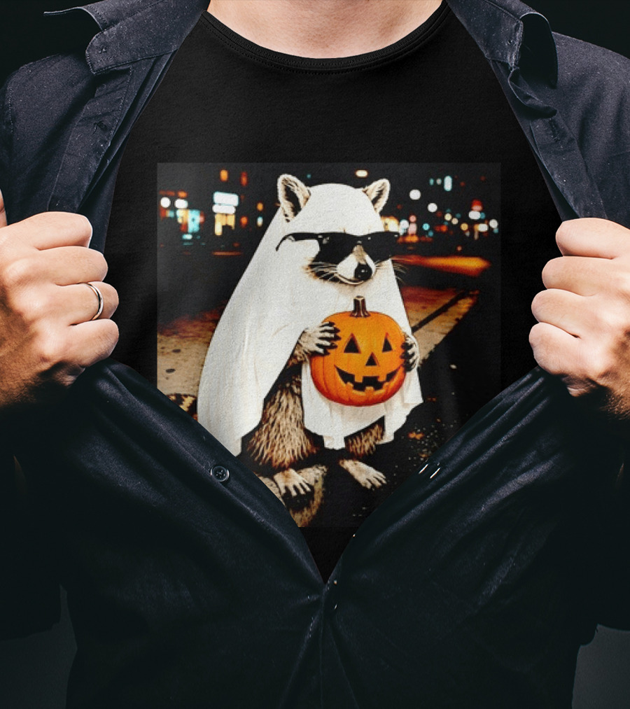 Raccoon Ghost Sunglasses Pumpkin Halloween Street Scene T-Shirt