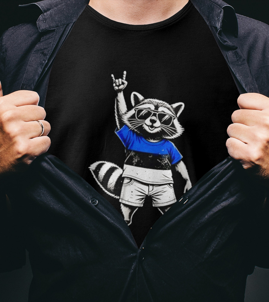 Rocking Raccoon Estonia Flag Style With Sunglasses And Hand Gesture T-Shirt