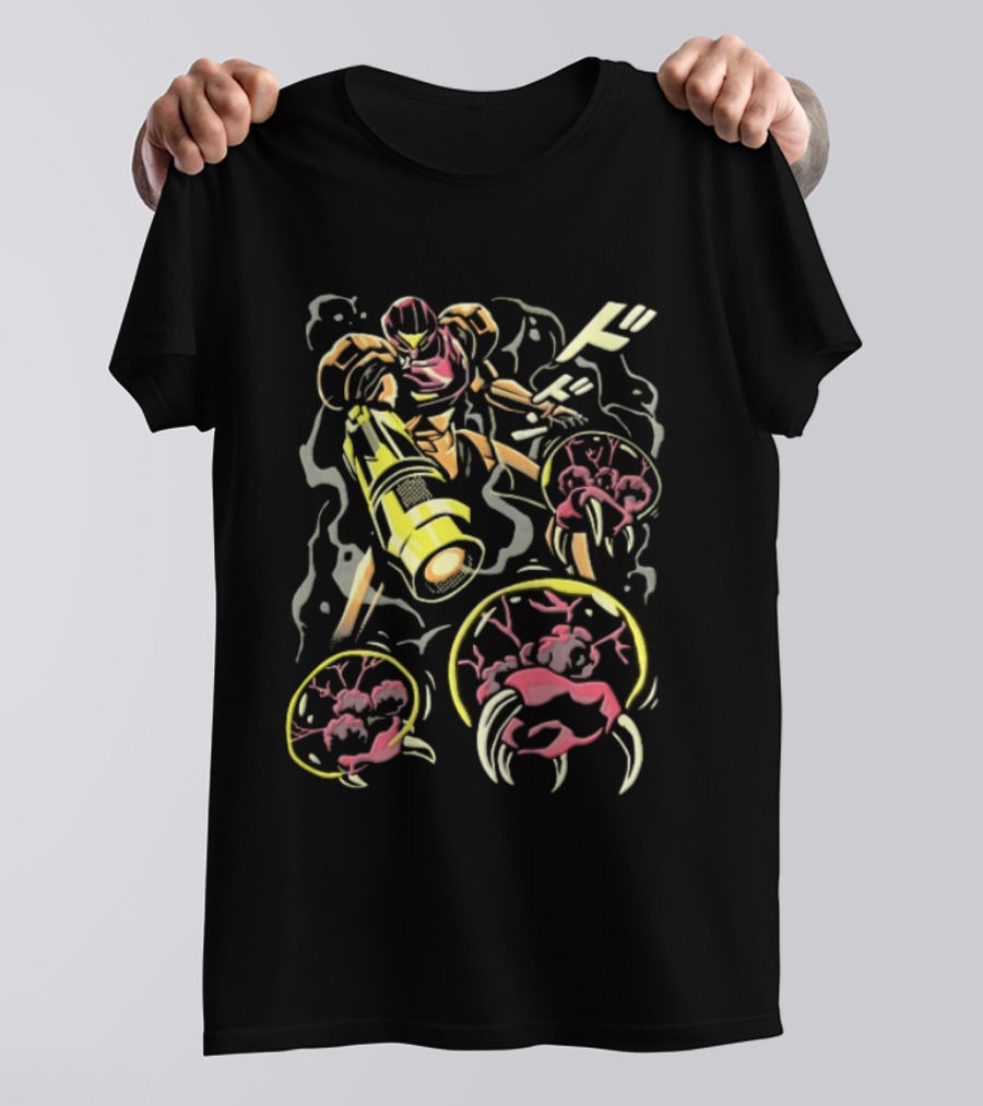 Dodon Armored Sci Fi Bounty Hunter Arm Cannon Alien Parasites Manga Line T-Shirt