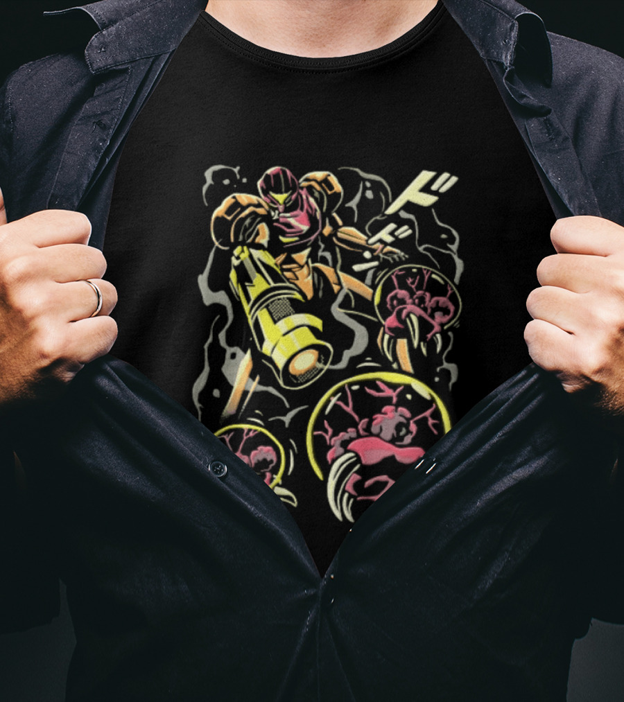 Dodon Armored Sci Fi Bounty Hunter Arm Cannon Alien Parasites Manga Line T-Shirt