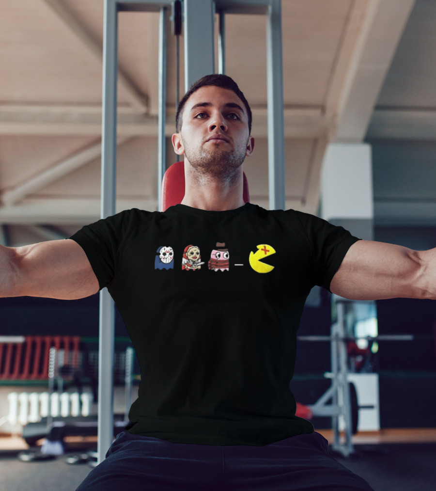 Horror Movie Ghosts Jason Freddy Chasing Stabbed Pac Man T-Shirt